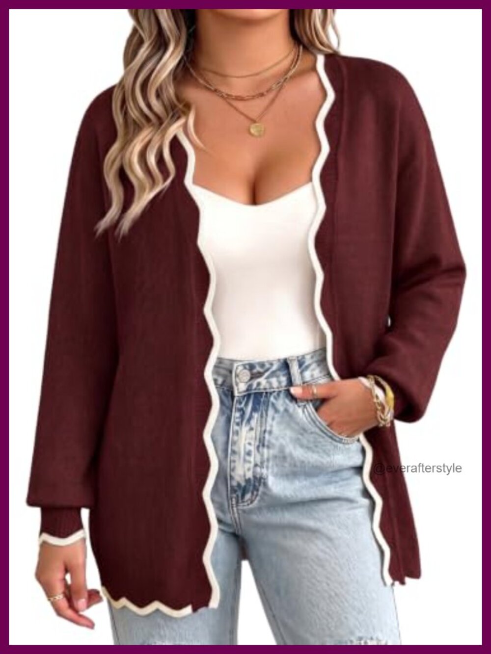 Plus Size Long Sleeve V Neck Open Front Cardigan Ribbed Wave Edges
